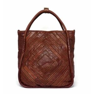Monserat de Lucca Benecio Brown Leather Strip Design Tote Bag w Detachable Strap